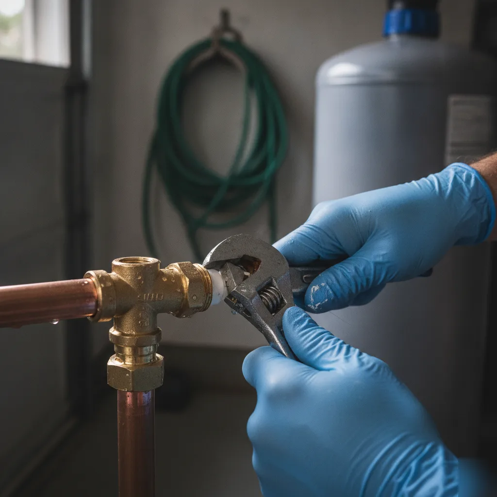 Technician tightening fitting mid-installation of Palm Coast water conditioner