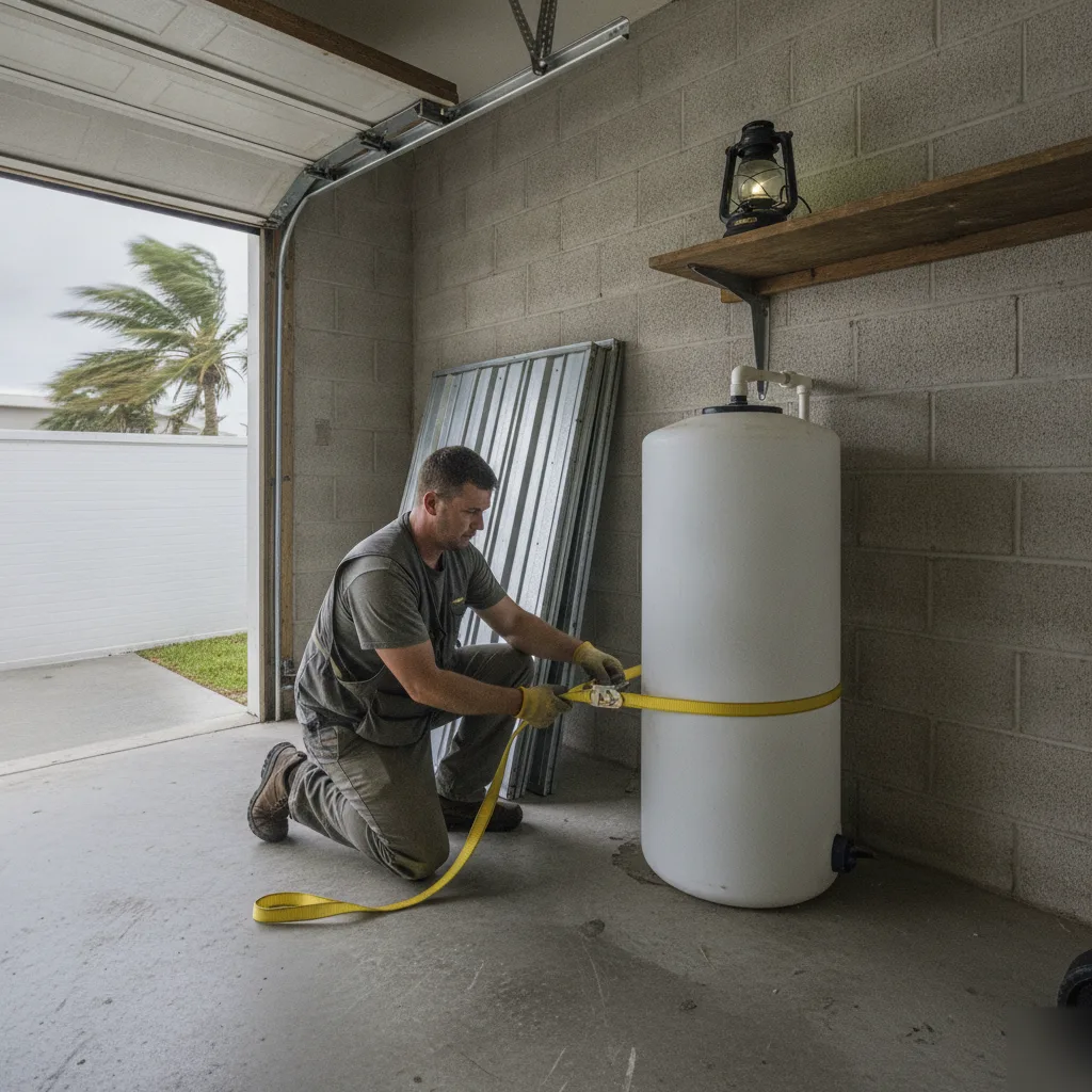 Technician securing brine tank with strap ahead of hurricane season in Palm Coast