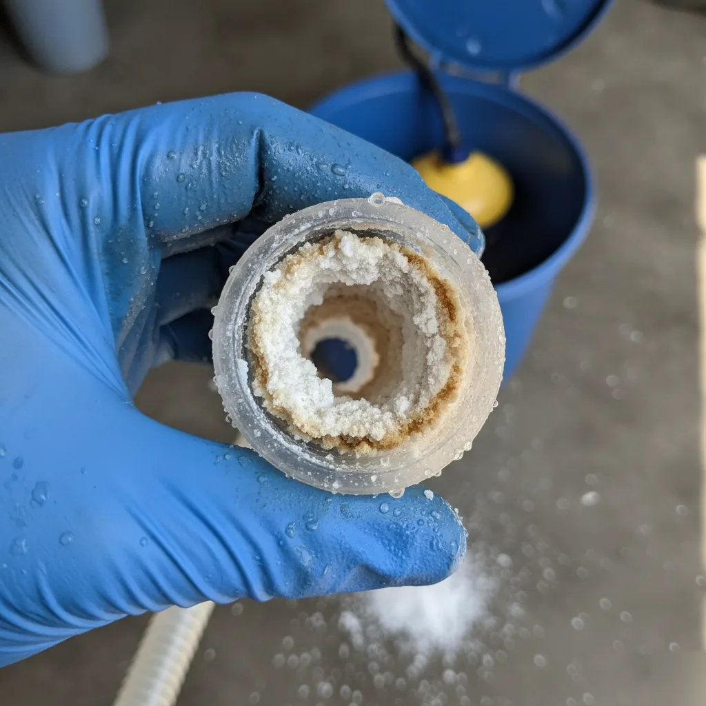 Close-up of clogged brine tube with salt buildup during Palm Coast tank repair