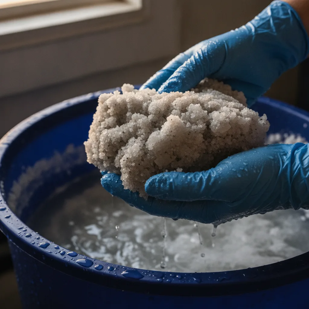 Close-up of salt mush residue removed from brine tank during Palm Coast cleaning