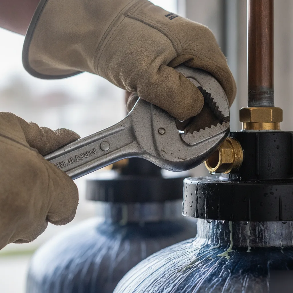 Close-up of hands tightening fitting on carbon filter installation Palm Coast