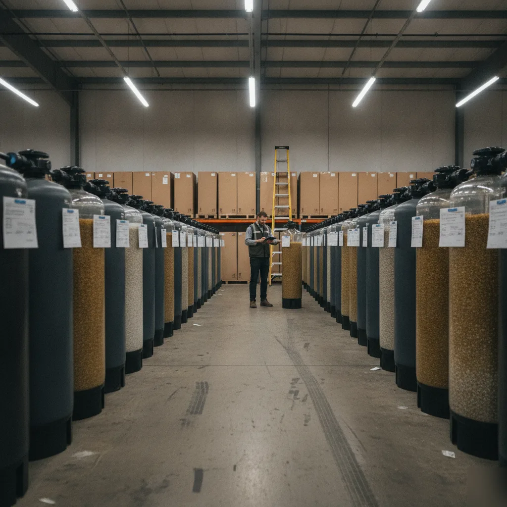 Warehouse aisle of carbon filter tank options before Palm Coast installation