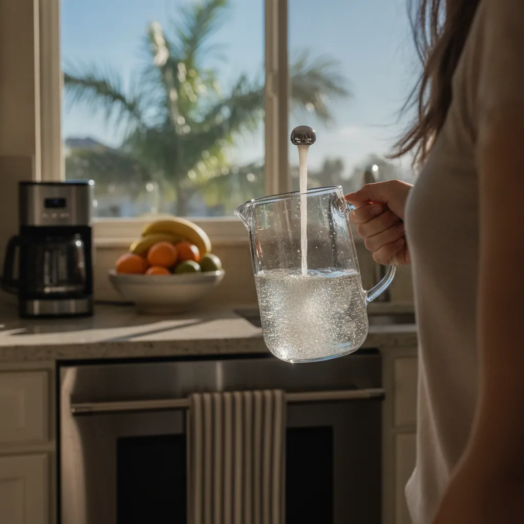 Homeowner filling pitcher with cloudy tap water needing reverse osmosis repair Palm Coast