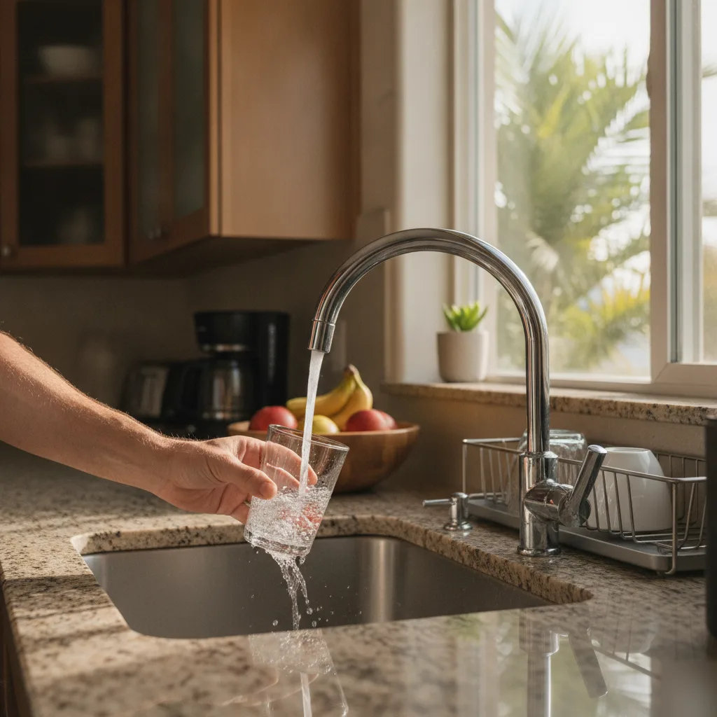 Homeowner filling glass from drinking water system faucet in Palm Coast kitchen