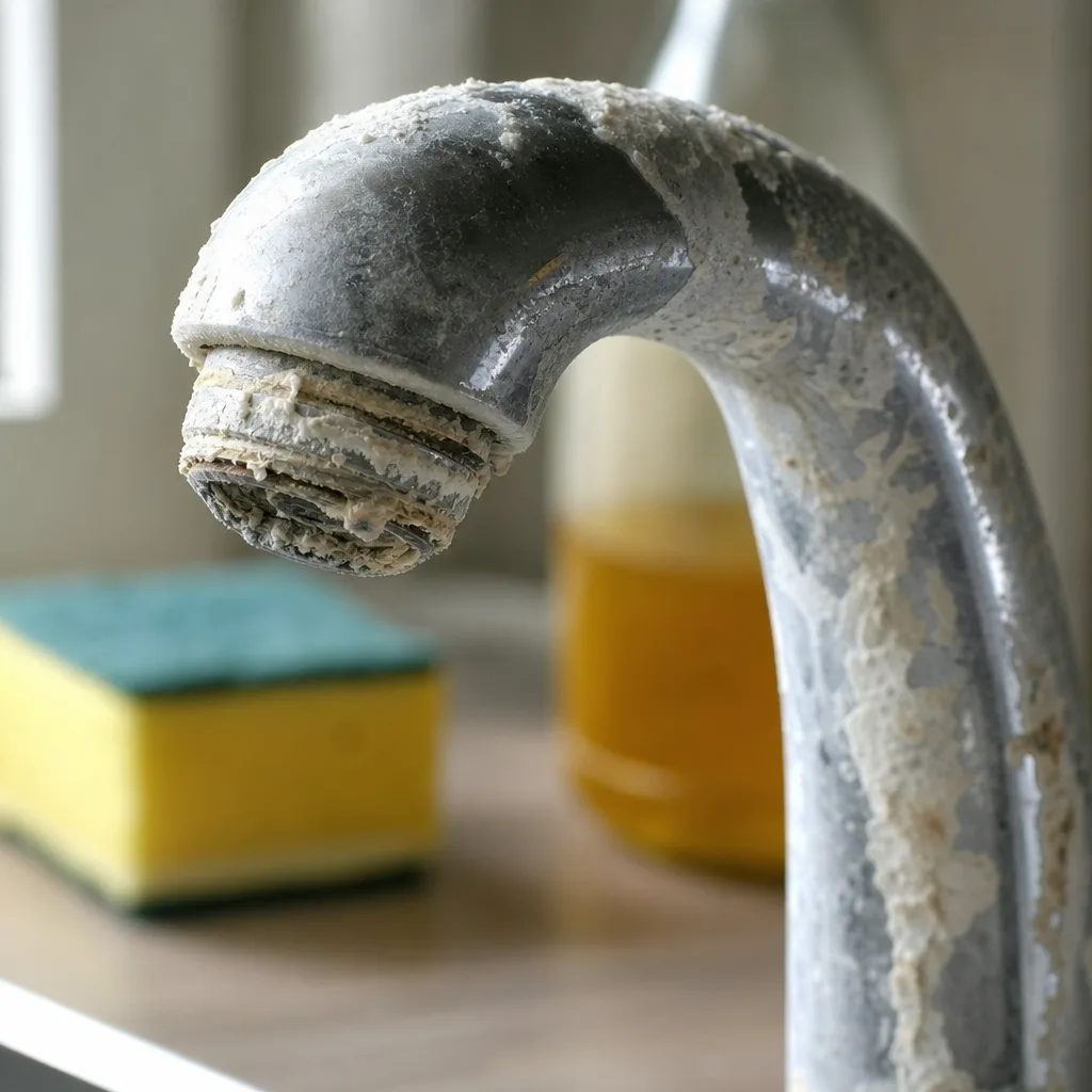 Close-up of hard water scale buildup crusted on kitchen faucet in Palm Coast