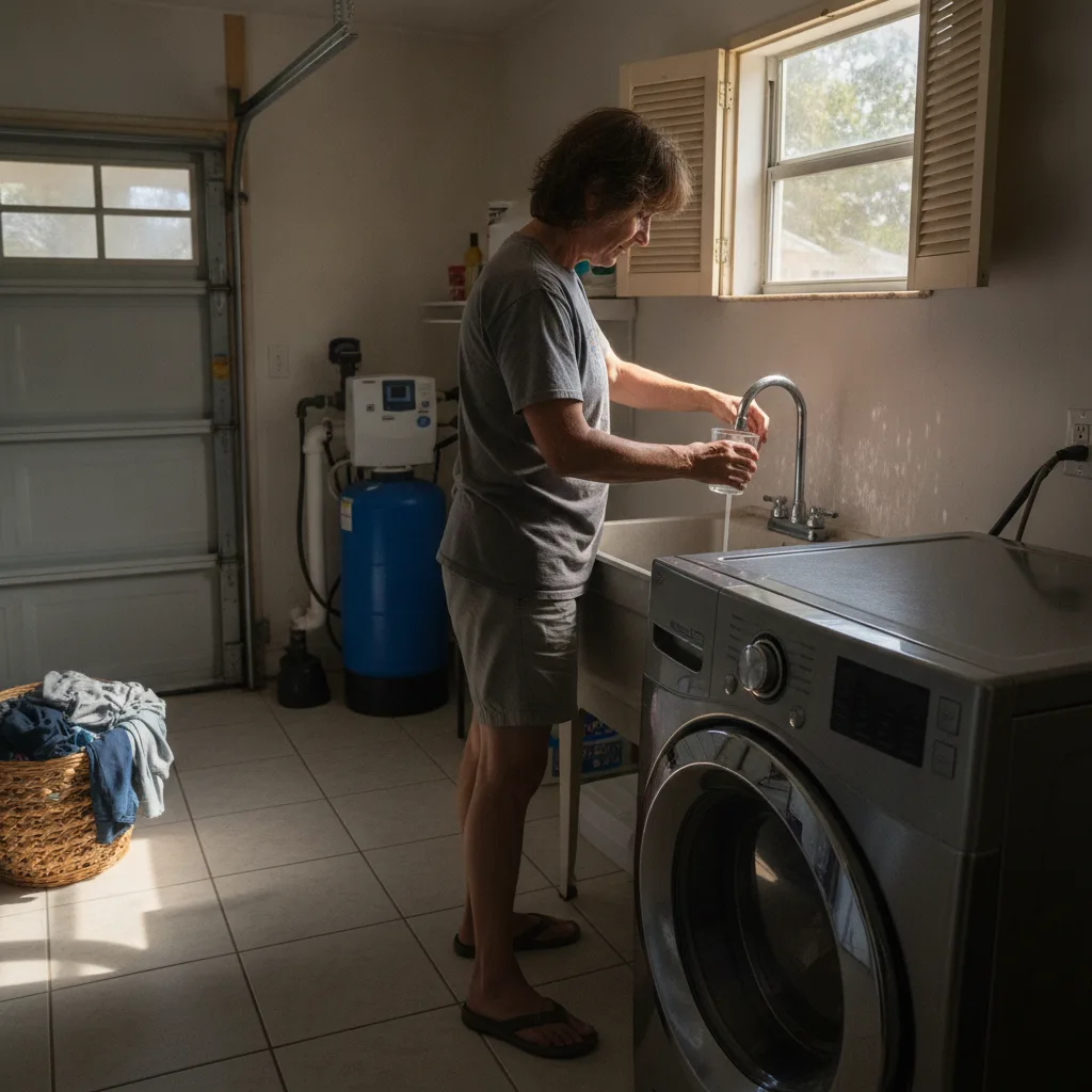Homeowner noticing hard water spots near softener system in Palm Coast laundry room
