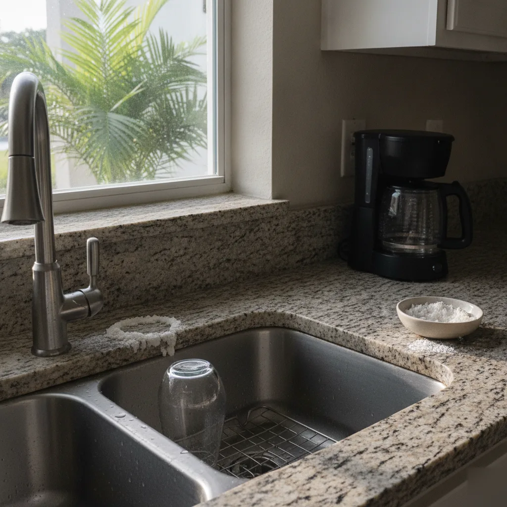 Hard water spots on kitchen faucet showing signs of Palm Coast softener failure