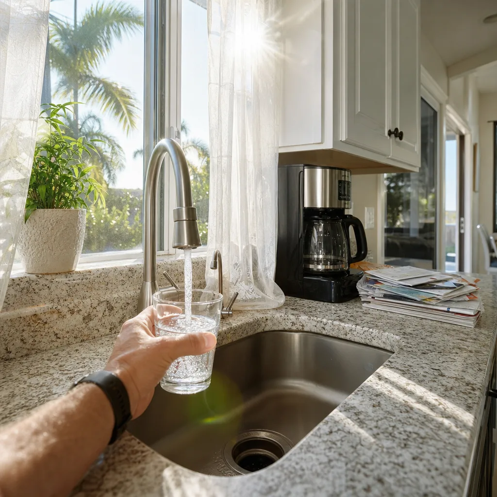 Homeowner filling glass from RO faucet after Palm Coast TDS treatment