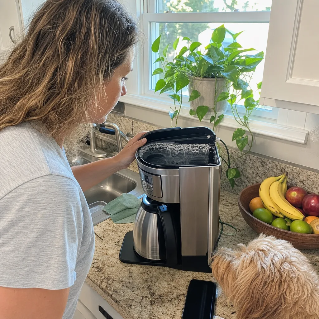 Homeowner noticing scale residue on coffee maker in Palm Coast kitchen from hard water