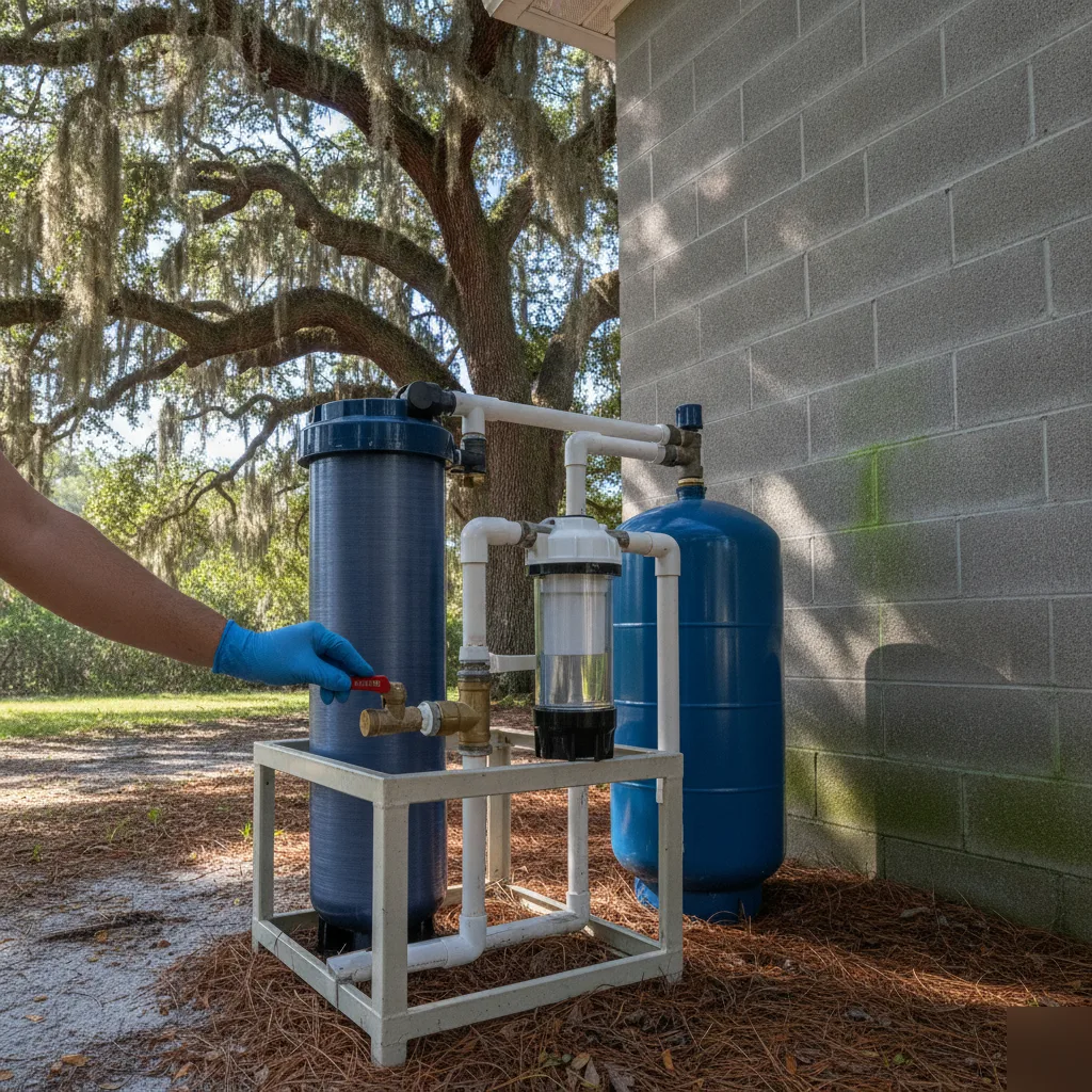 Water filtration tank valve adjustment on Palm Coast property near Lehigh Trail Trailhead