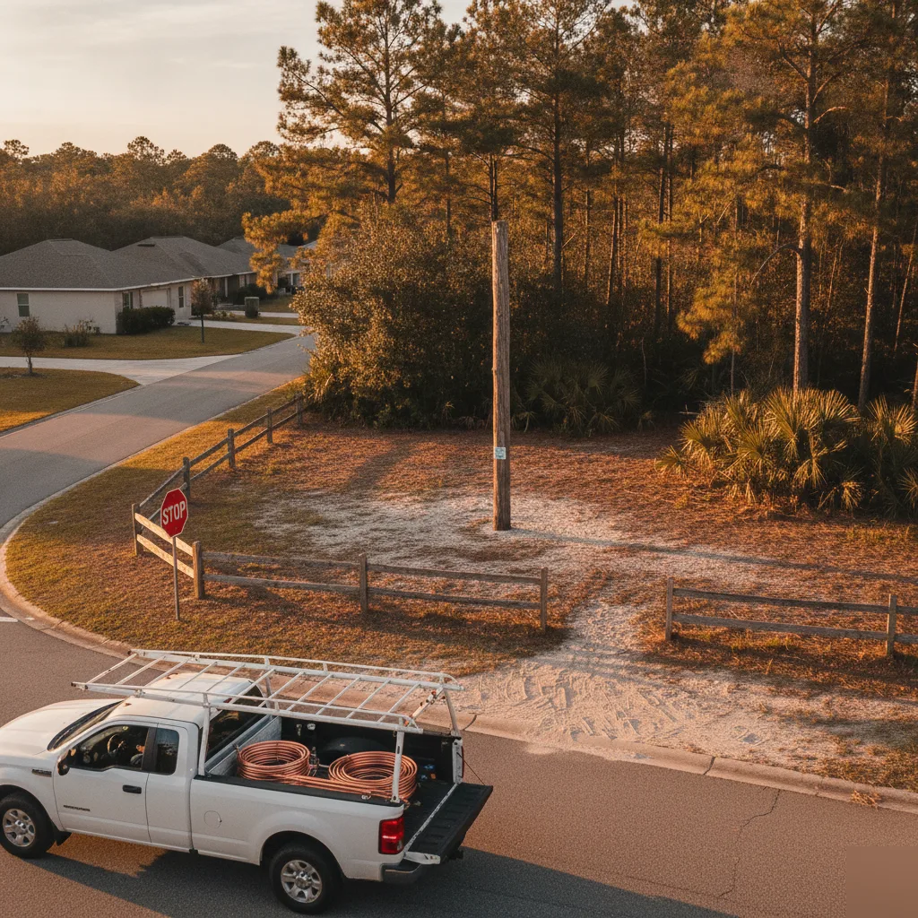 Service truck near Lehigh Trail Trailhead entrance heading to Palm Coast water filtration job
