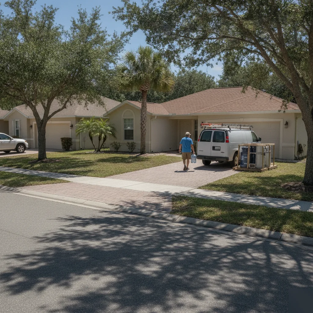 Service van parked in Quail Hollow Palm Coast driveway near water filtration equipment