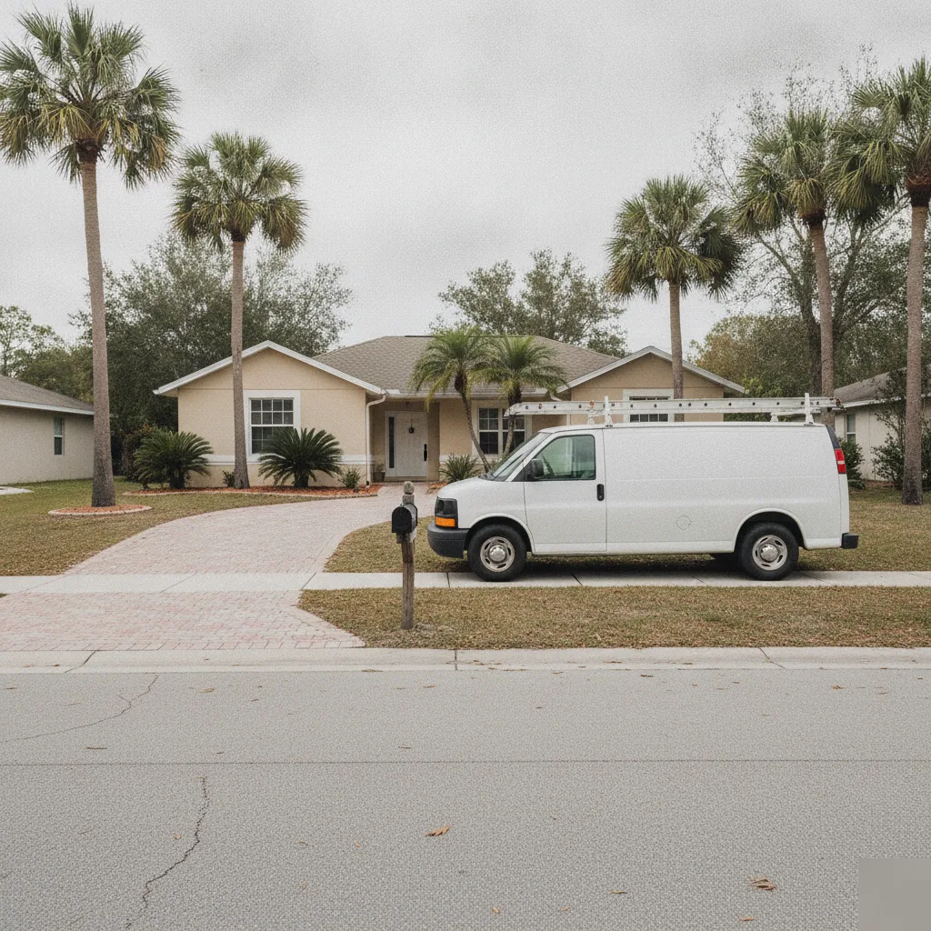 Service van parked near Lehigh Trail Trailhead street for water filtration service in Palm Coast