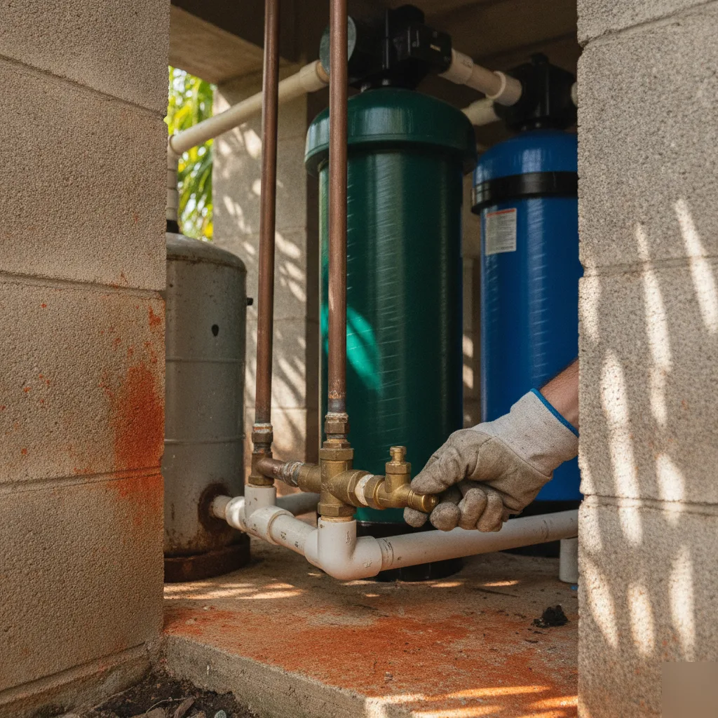 Hand adjusting valve on well water filtration system under raised Palm Coast home