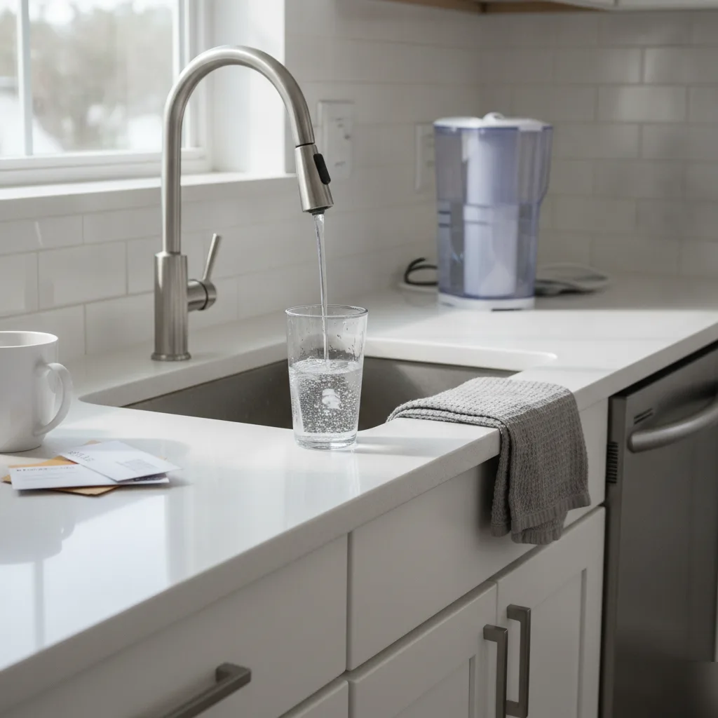 Clear tap water glass after water softener installation in Palm Coast kitchen
