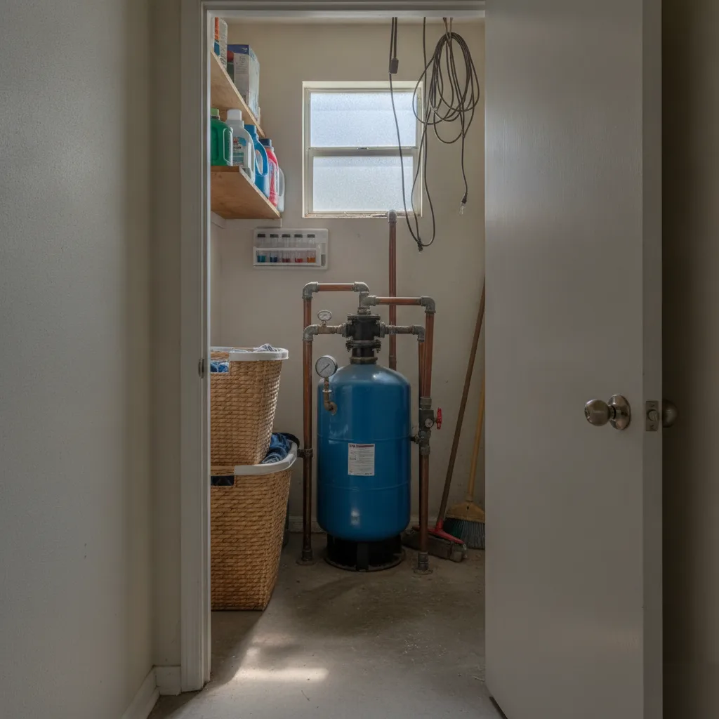Well water pressure tank and test kit in Palm Coast home laundry closet