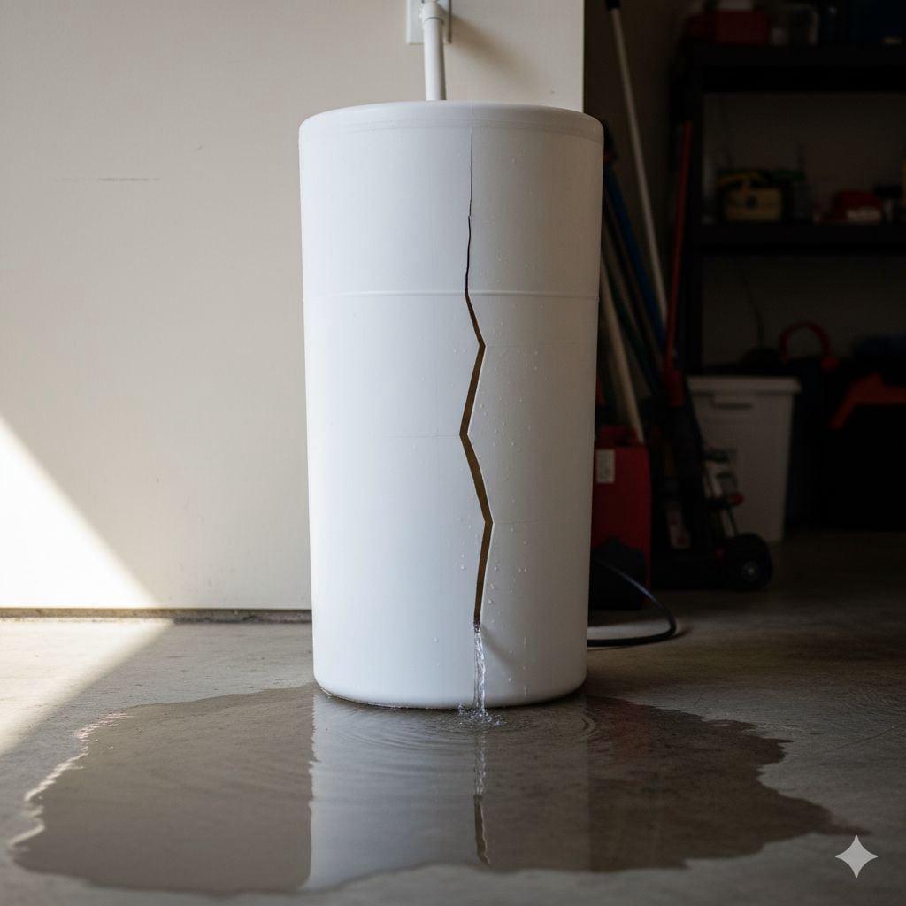 Cracked brine tank replacement preventing water damage in Palm Coast Plantation home