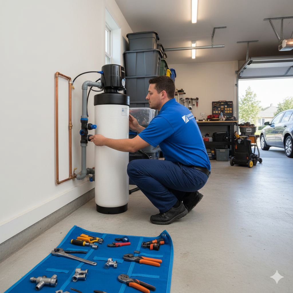 Water softener installation in Palm Coast home garage showing main water line connection
