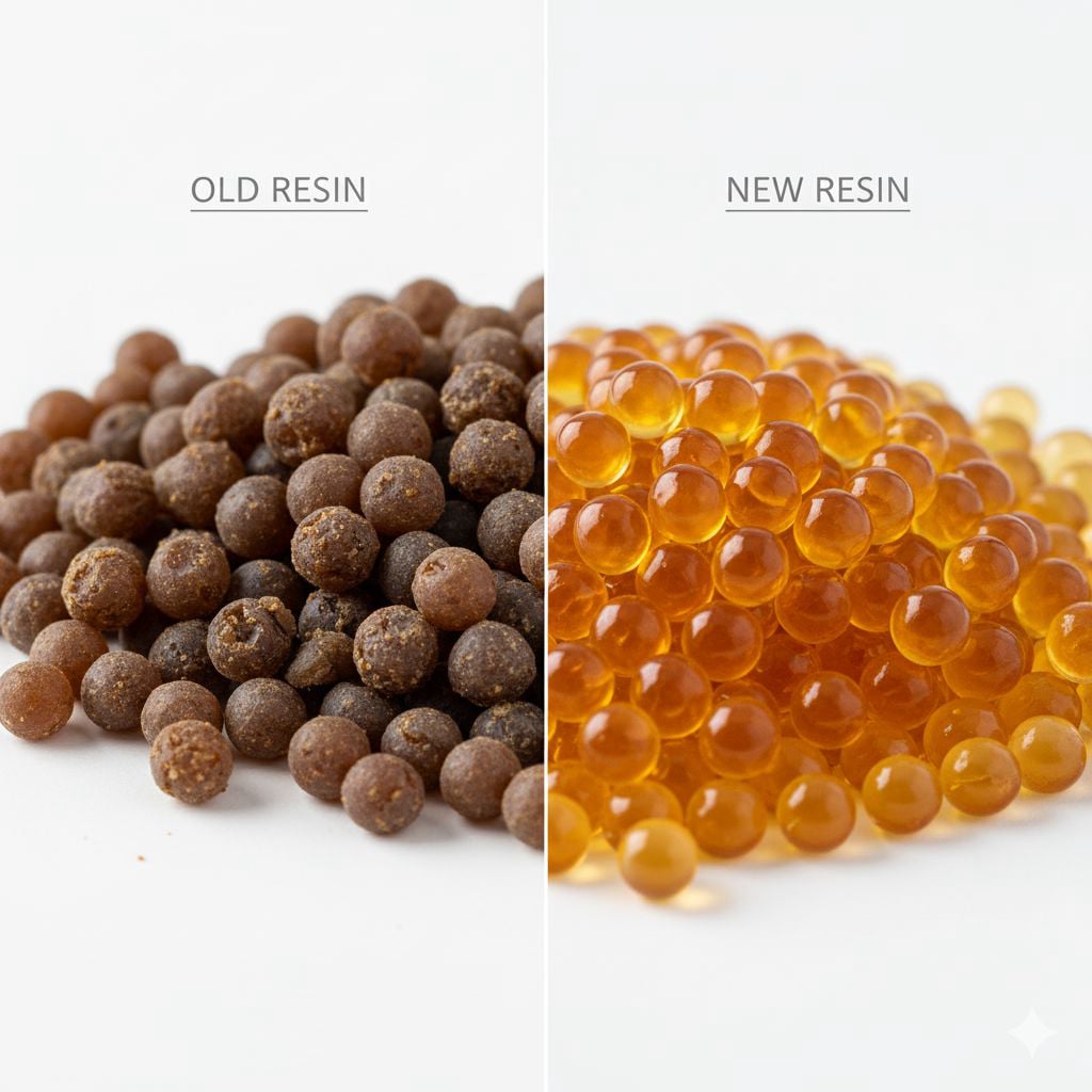 Water softener resin beads replacement showing old worn resin and fresh replacement media