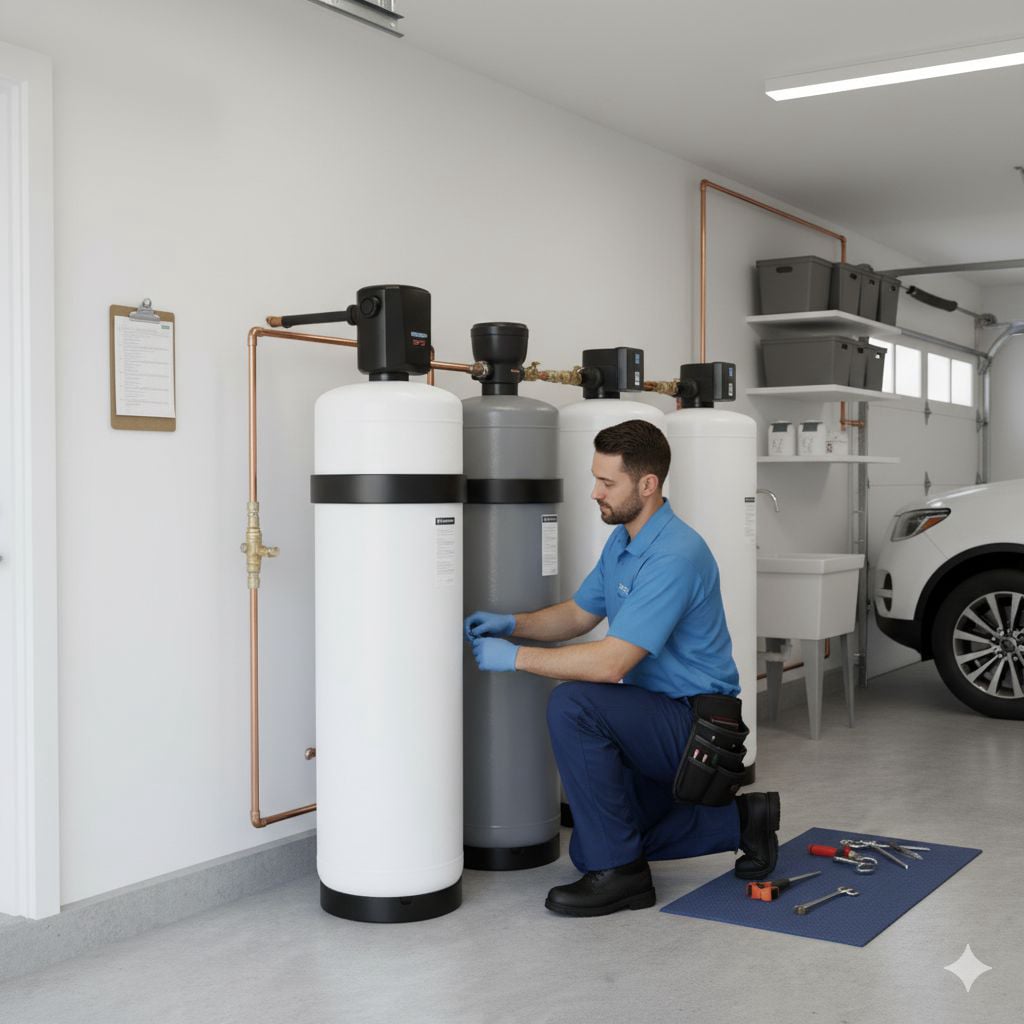 Professional plumbing installation for water softener system showing main water line connections and bypass valves