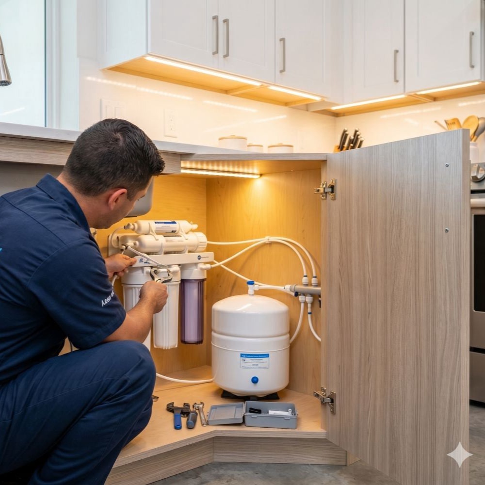 Replacing reverse osmosis filter cartridge during annual maintenance — Ionex Water LLC RO system service in Palm Coast FL