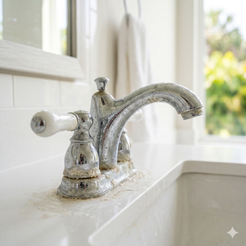 Hard water mineral buildup on faucet in Palm Coast FL home — signs you need a reverse osmosis system from Ionex Water LLC