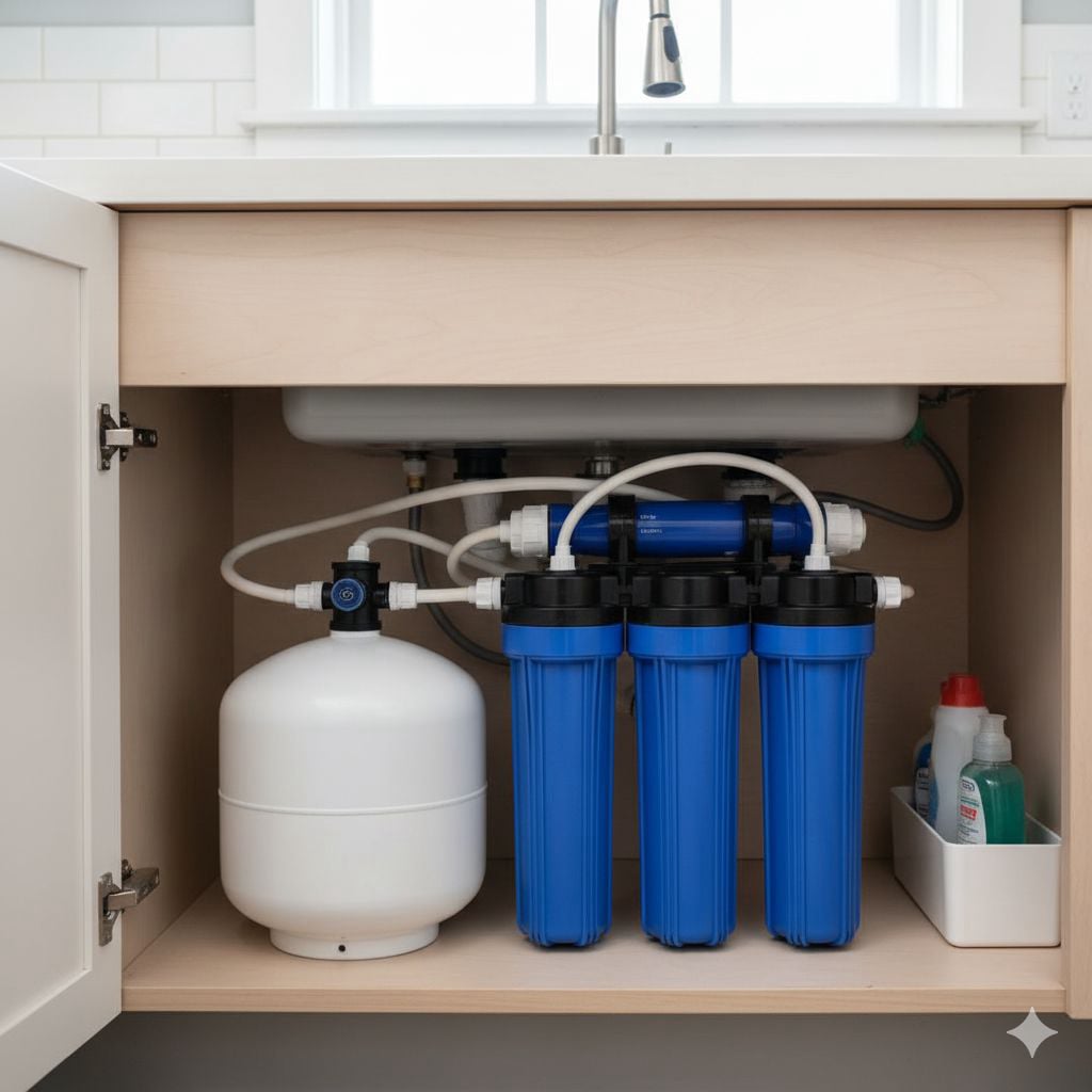 Reverse osmosis water purification system installation under kitchen sink removing contaminants in Flagler County