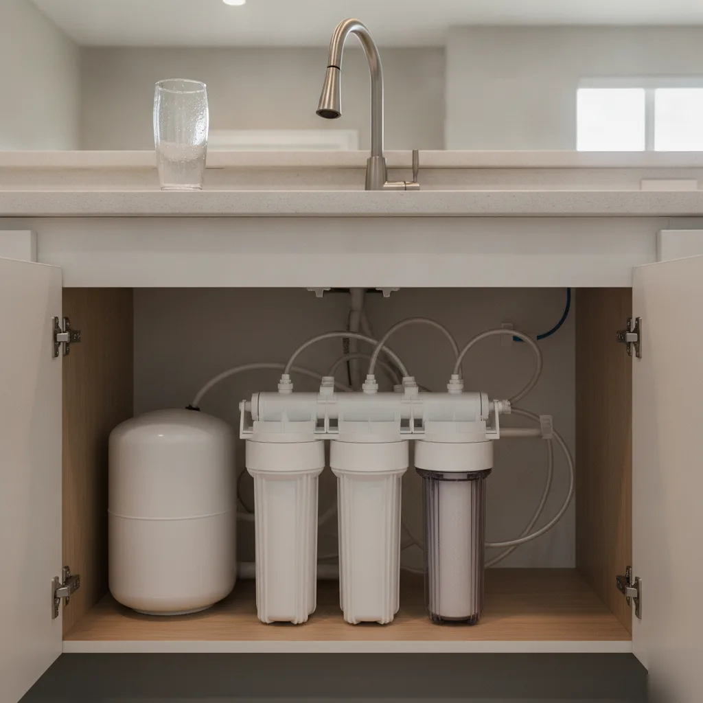 Repaired reverse osmosis system under Palm Coast kitchen sink with clear water glass