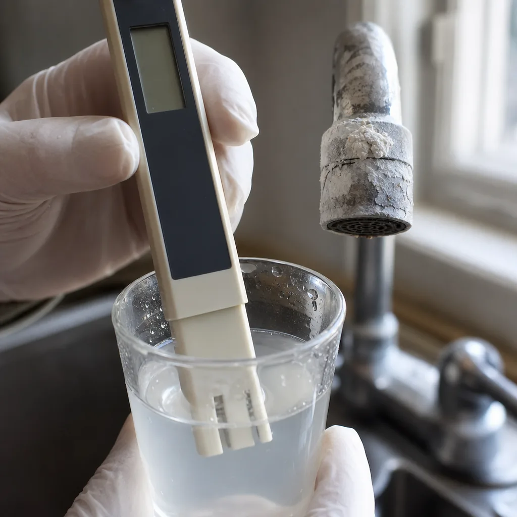 Close-up TDS meter reading salty well water with scale buildup Palm Coast