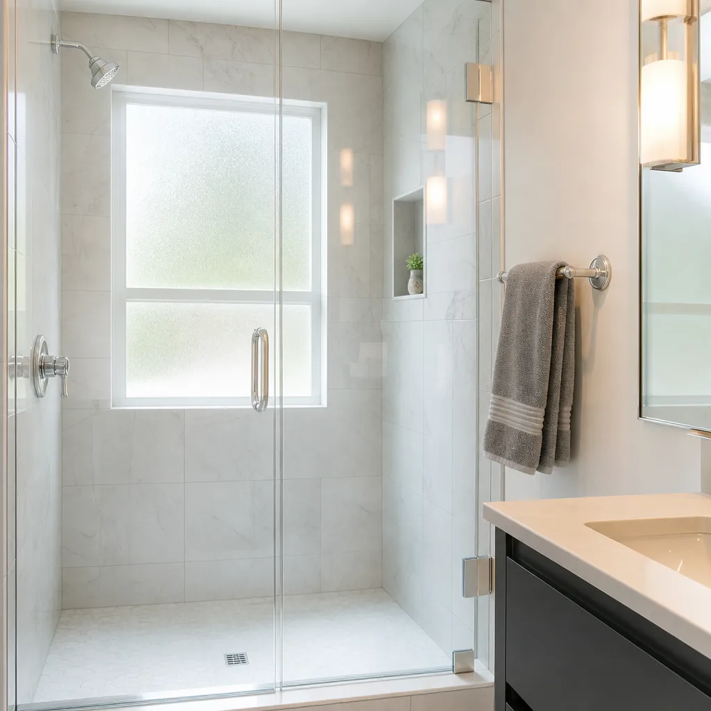 Spot-free glass shower door showing scale removed after hard water treatment in Palm Coast