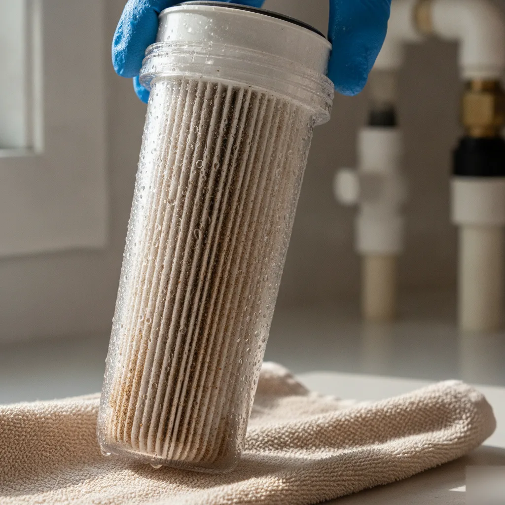 Rust-stained sediment filter cartridge showing signs of poor water quality Palm Coast