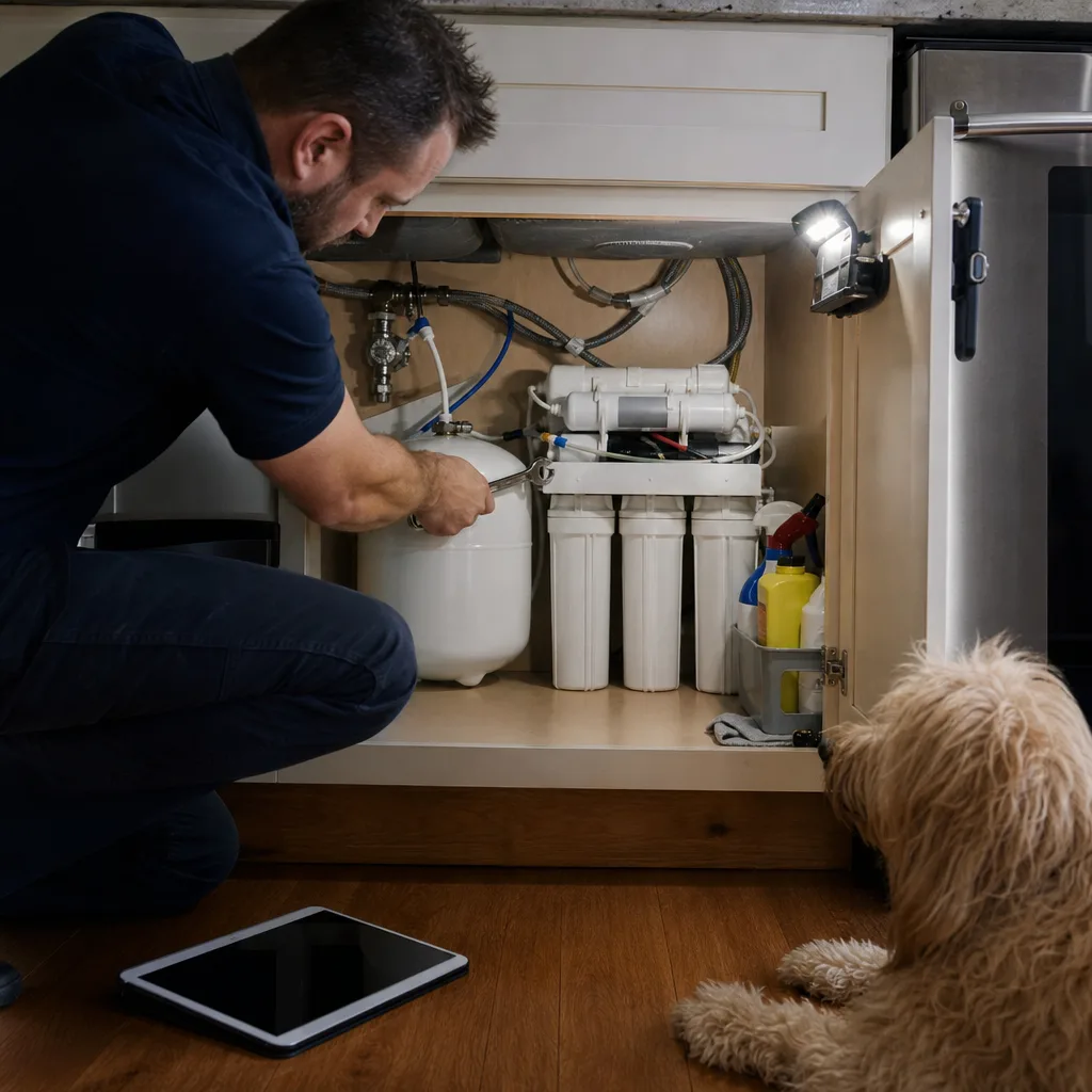 Technician installing under-sink filtration unit for water treatment in Palm Coast home