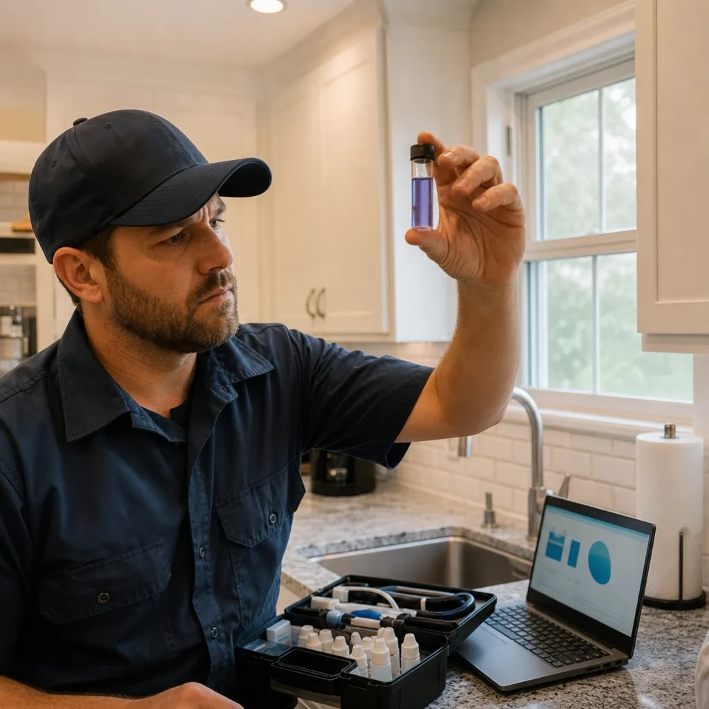 Technician reading water hardness test vial in Palm Coast kitchen before treatment