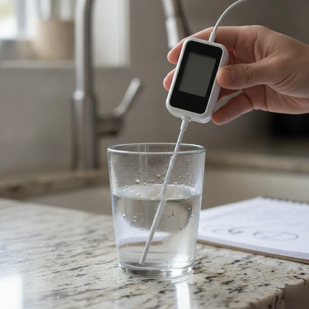 Technician testing water quality with digital meter before installation Palm Coast