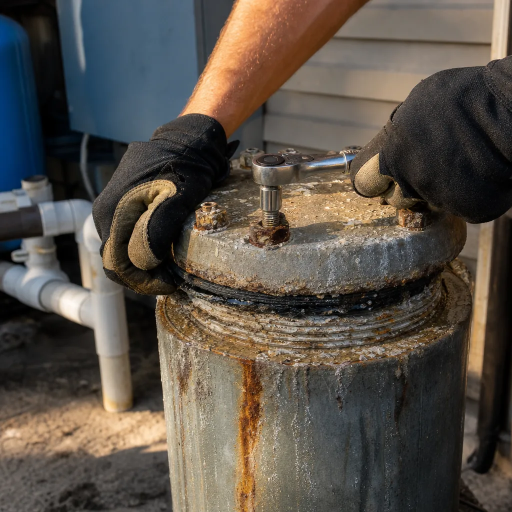 Hands removing corroded well cap before shock chlorination in Palm Coast