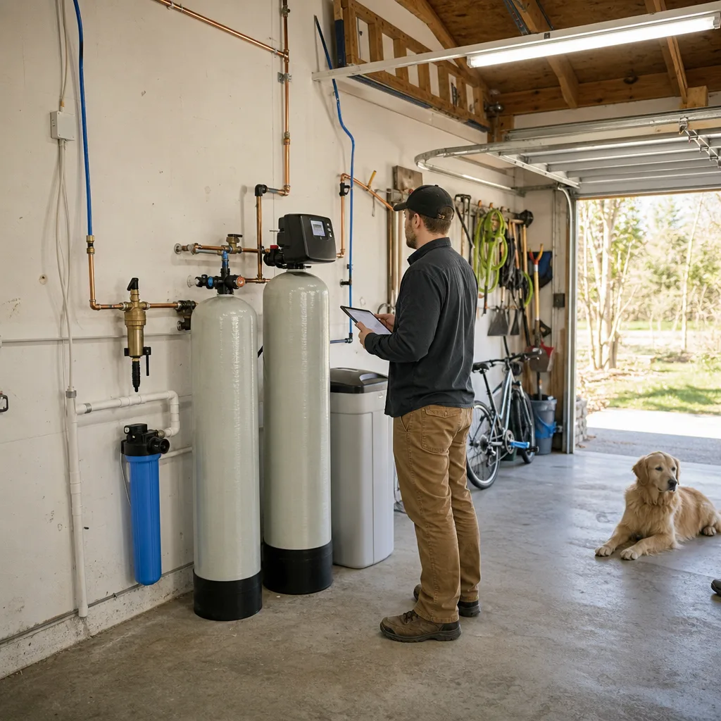 Completed multi-stage well water treatment system installed in Palm Coast garage