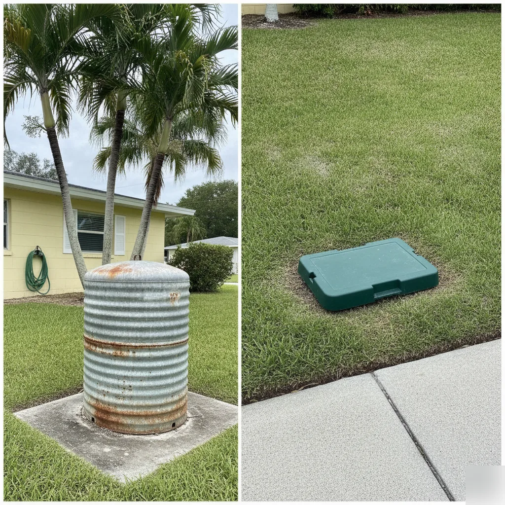 Well pressure tank and municipal water meter comparison outside Palm Coast home