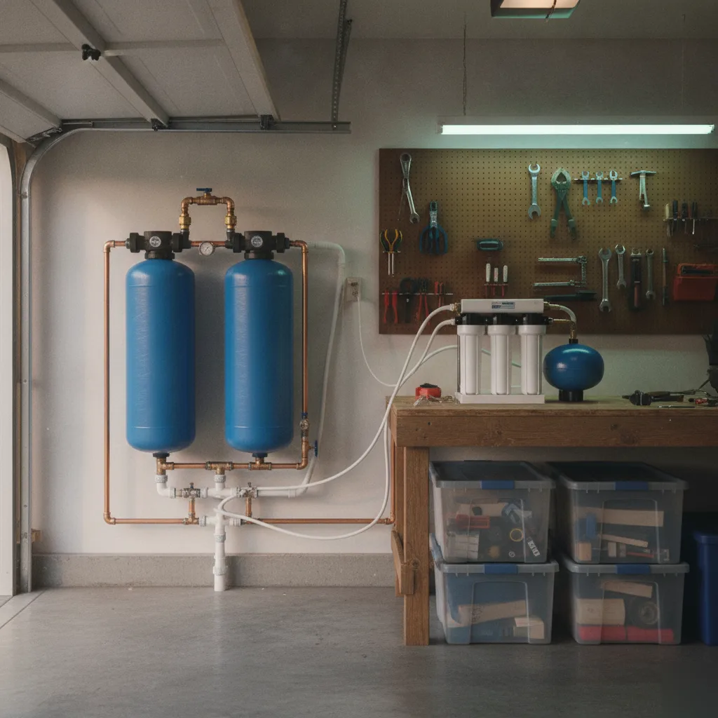 Whole-house filtration tanks beside under-sink drinking water system in Palm Coast garage